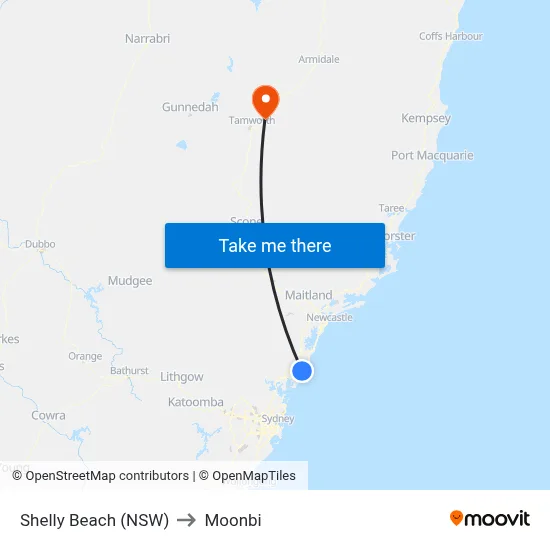 Shelly Beach (NSW) to Moonbi map