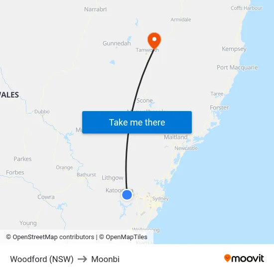 Woodford (NSW) to Moonbi map
