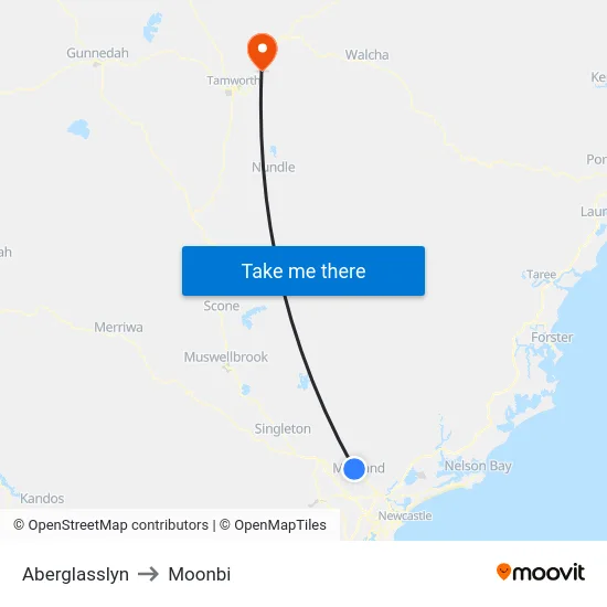 Aberglasslyn to Moonbi map