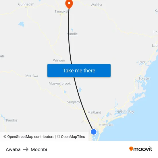 Awaba to Moonbi map