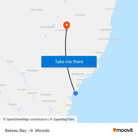 Bateau Bay to Moonbi map