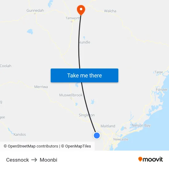 Cessnock to Moonbi map