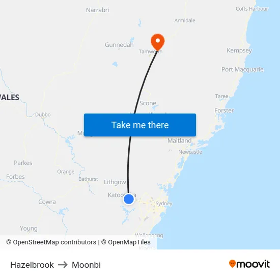Hazelbrook to Moonbi map