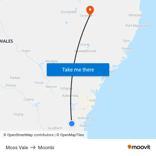 Moss Vale to Moonbi map