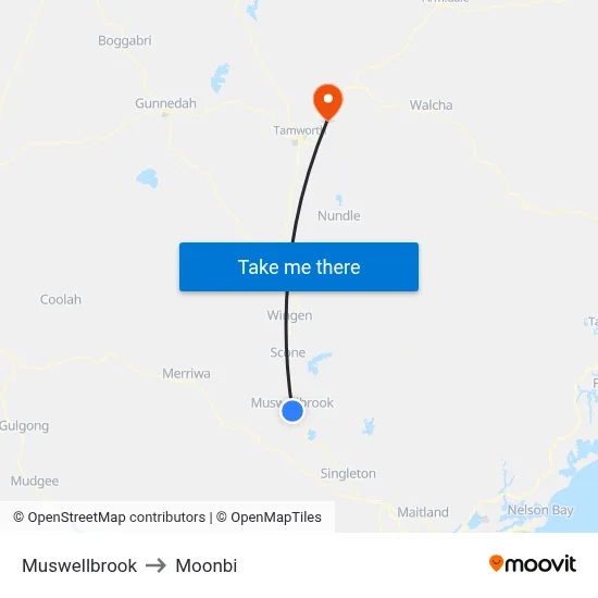 Muswellbrook to Moonbi map