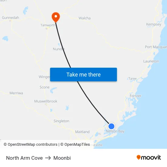North Arm Cove to Moonbi map