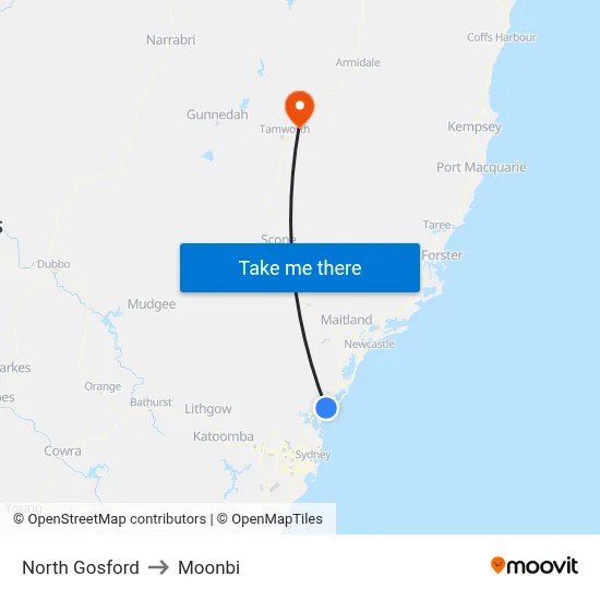 North Gosford to Moonbi map