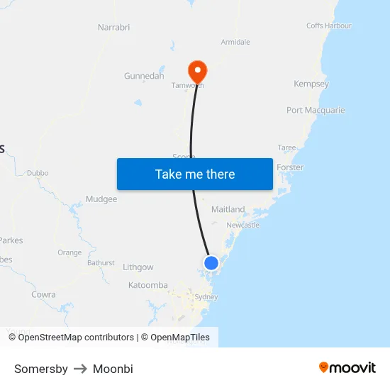 Somersby to Moonbi map