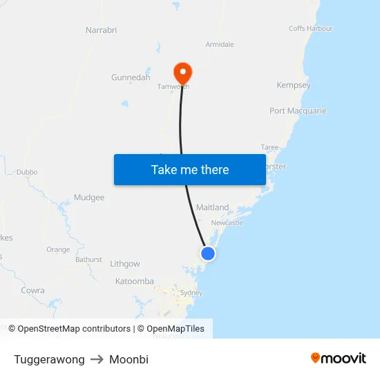 Tuggerawong to Moonbi map