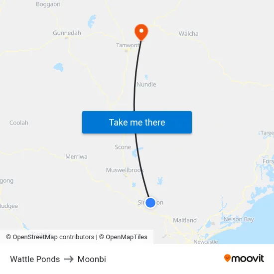 Wattle Ponds to Moonbi map