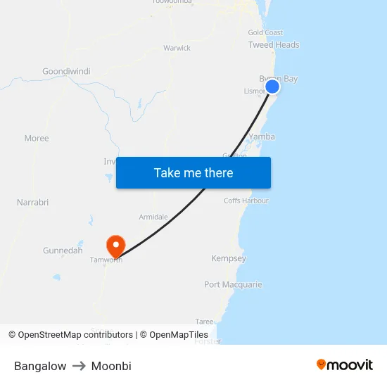 Bangalow to Moonbi map