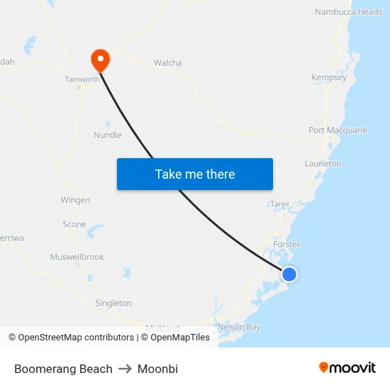 Boomerang Beach to Moonbi map