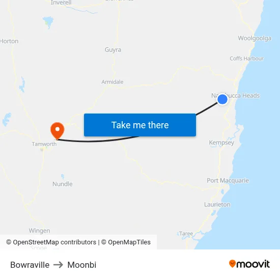 Bowraville to Moonbi map