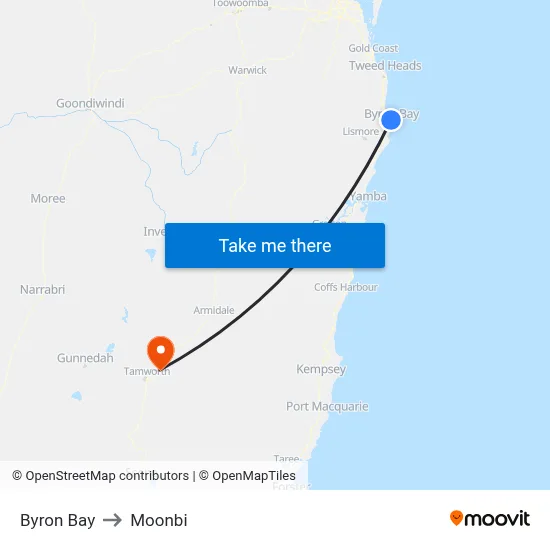 Byron Bay to Moonbi map
