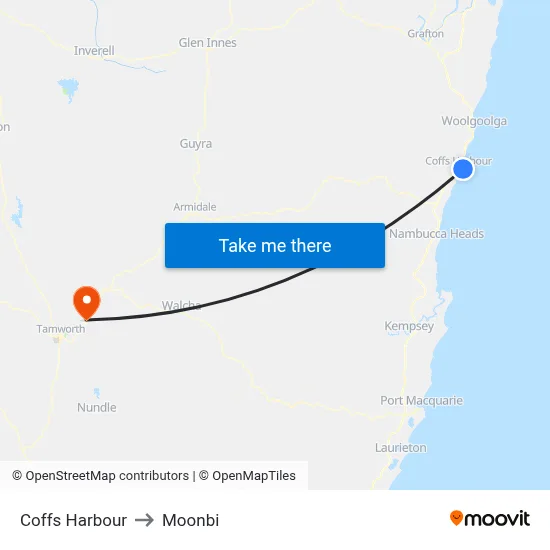 Coffs Harbour to Moonbi map
