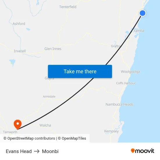 Evans Head to Moonbi map