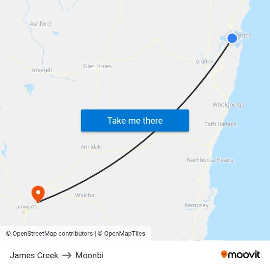 James Creek to Moonbi map
