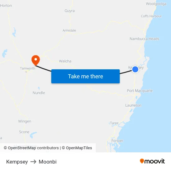 Kempsey to Moonbi map