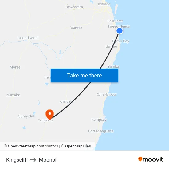 Kingscliff to Moonbi map