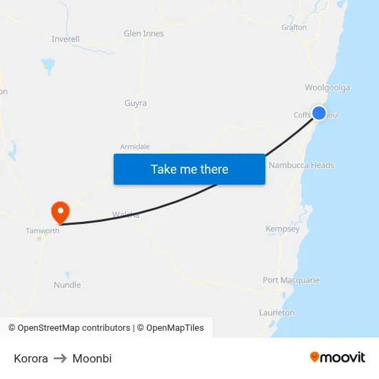 Korora to Moonbi map