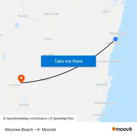 Moonee Beach to Moonbi map
