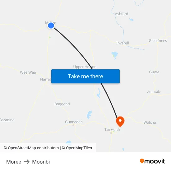 Moree to Moonbi map