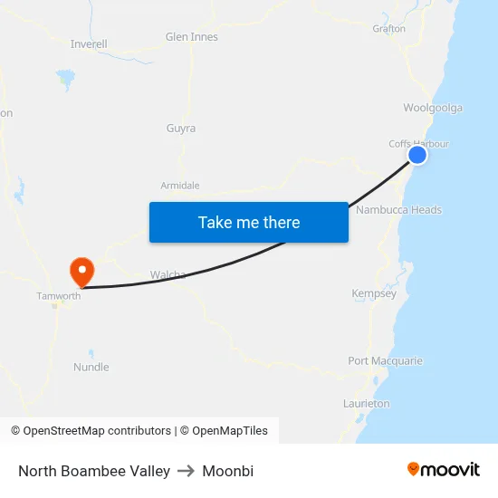 North Boambee Valley to Moonbi map