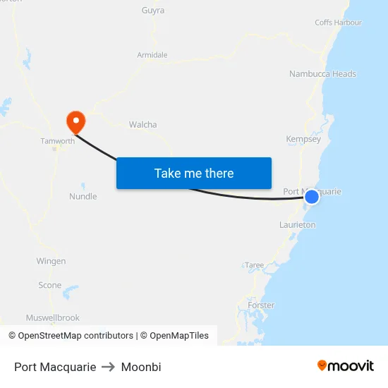 Port Macquarie to Moonbi map
