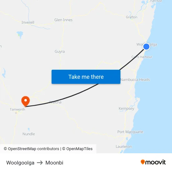Woolgoolga to Moonbi map