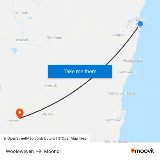 Wooloweyah to Moonbi map