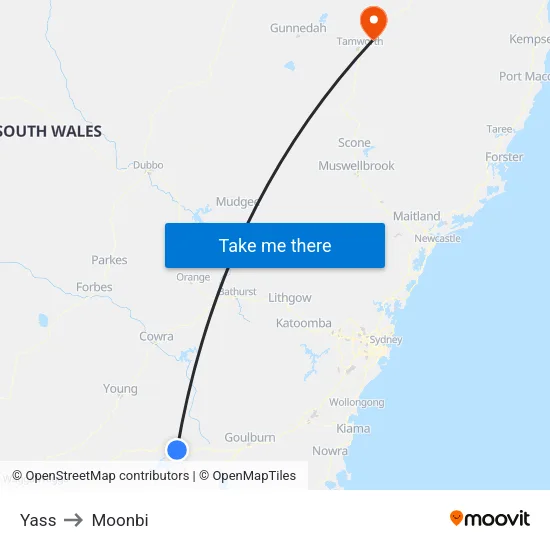 Yass to Moonbi map