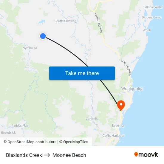 Blaxlands Creek to Moonee Beach map