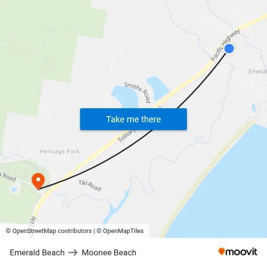 Emerald Beach to Moonee Beach map