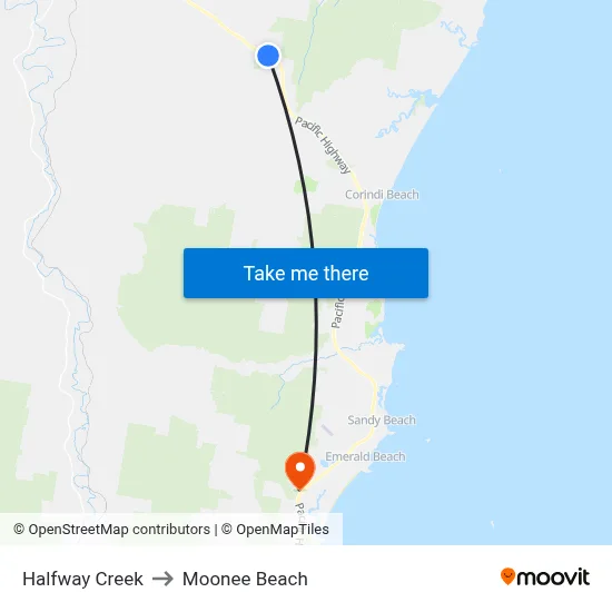 Halfway Creek to Moonee Beach map