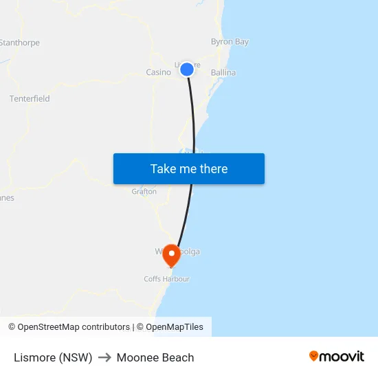 Lismore (NSW) to Moonee Beach map