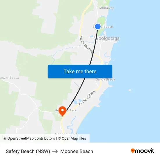 Safety Beach (NSW) to Moonee Beach map