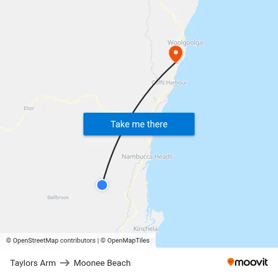 Taylors Arm to Moonee Beach map