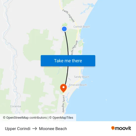 Upper Corindi to Moonee Beach map