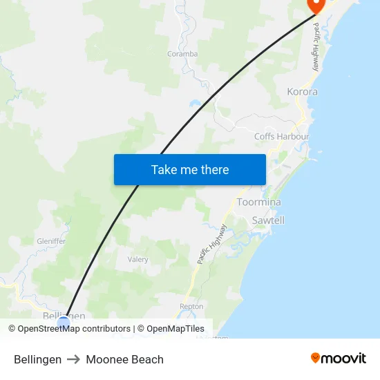 Bellingen to Moonee Beach map