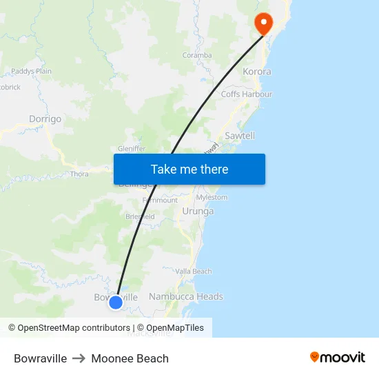 Bowraville to Moonee Beach map