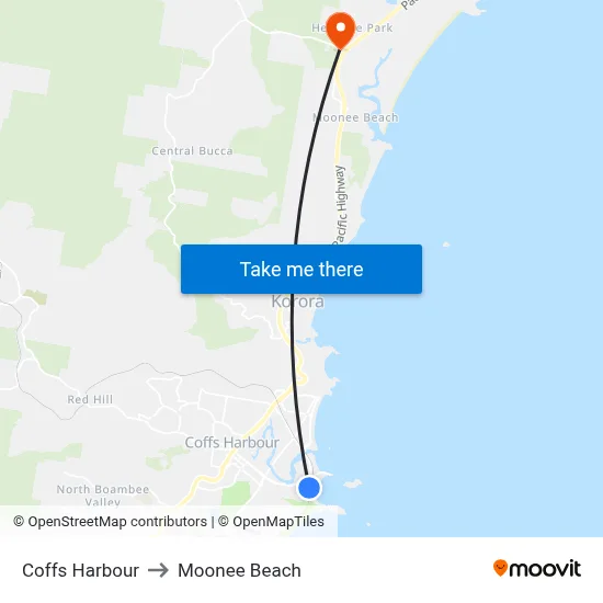 Coffs Harbour to Moonee Beach map