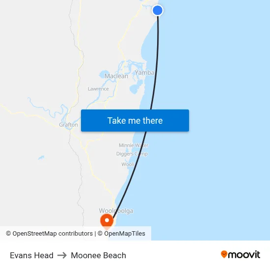 Evans Head to Moonee Beach map