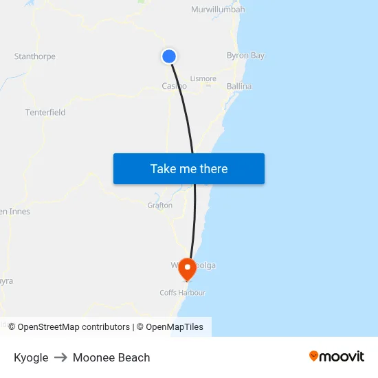Kyogle to Moonee Beach map