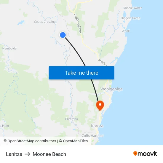 Lanitza to Moonee Beach map