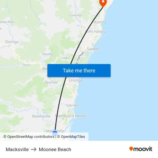 Macksville to Moonee Beach map