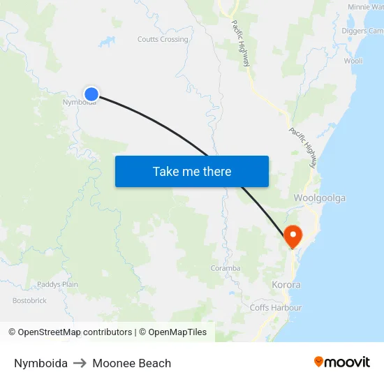 Nymboida to Moonee Beach map