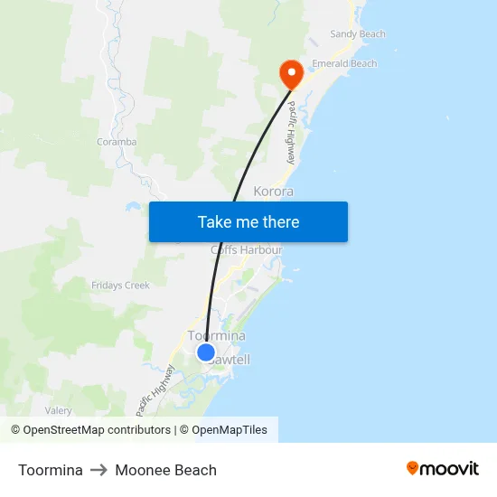 Toormina to Moonee Beach map