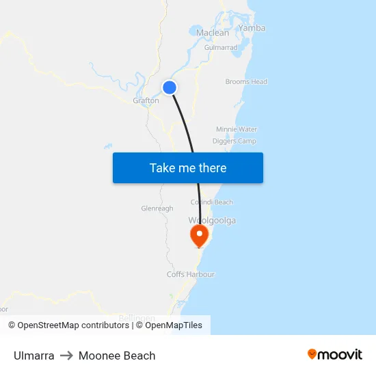 Ulmarra to Moonee Beach map