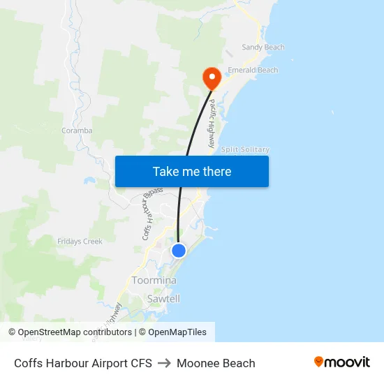 Coffs Harbour Airport CFS to Moonee Beach map
