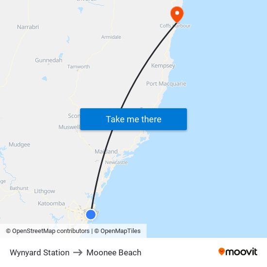 Wynyard Station to Moonee Beach map